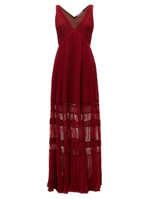 Matchesfashion.com Self-portrait - Lace-insert Pliss Chiffon Maxi Dress - Womens - Burgundy