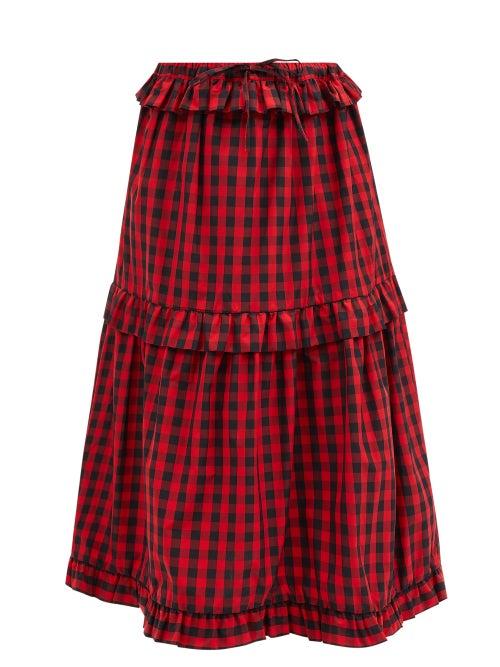 Shrimps - Bennie Ruffled Gingham Cotton Skirt - Womens - Red Multi