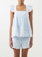 Juliet Dunn - Floral-embroidered Cotton Baby Doll Top - Womens - Blue White