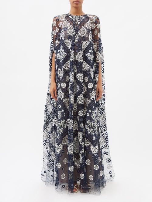 Biyan - Gianetta Embroidered Swiss-dot Tulle Cape Gown - Womens - Navy