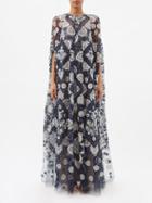 Biyan - Gianetta Embroidered Swiss-dot Tulle Cape Gown - Womens - Navy