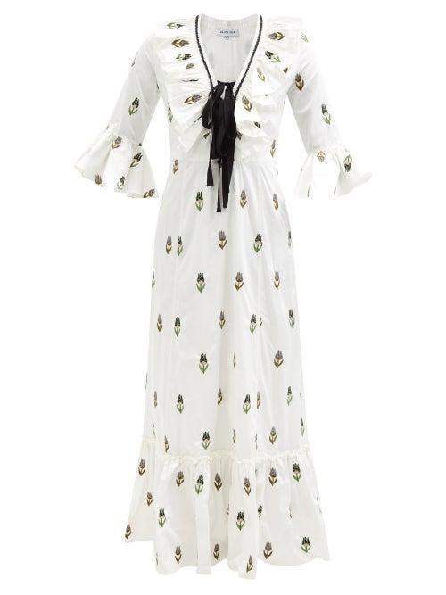Lug Von Siga - Layla Floral-embroidered Cotton-poplin Dress - Womens - White Multi