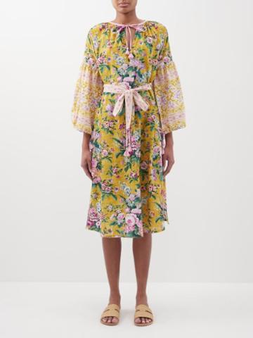 D'ascoli - Clarisse Floral Cotton-khadi Midi Dress - Womens - Yellow Multi