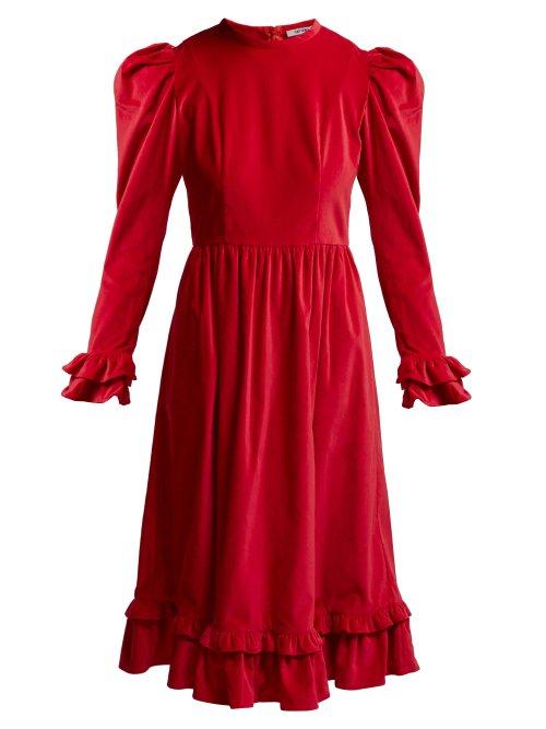 Matchesfashion.com Batsheva - Ruffle Velvet Prairie Midi Dress - Womens - Red