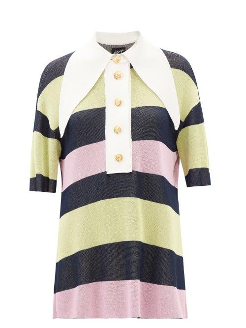 Elzinga - Exaggerated-collar Striped Jersey Mini Dress - Womens - Green Multi