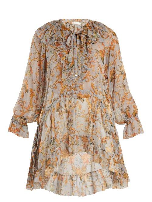 Matchesfashion.com Zimmermann - Painted Heart Floral Print Ruffled Silk Top - Womens - Grey Multi