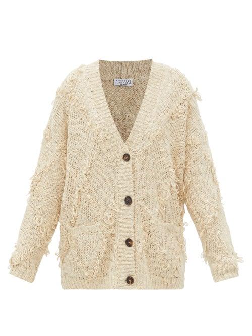 Brunello Cucinelli - Fringed-argyle Silk-blend Cardigan - Womens - Beige