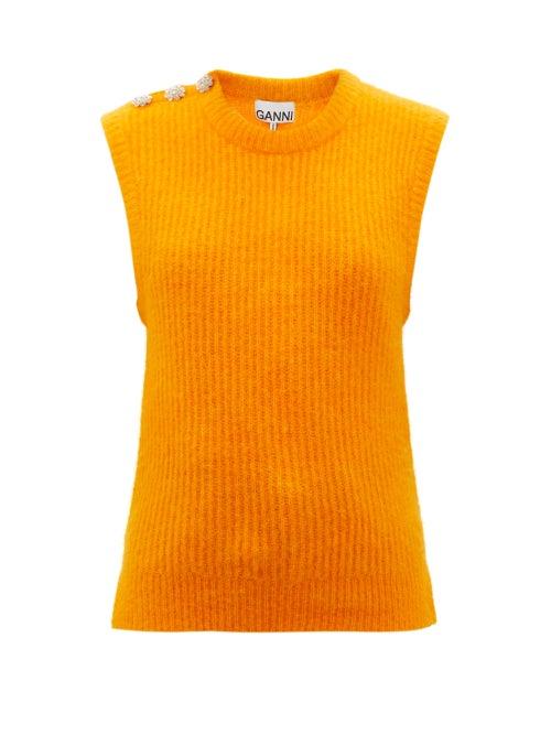 Ganni - Crystal-button Ribbed Sleeveless Sweater - Womens - Orange