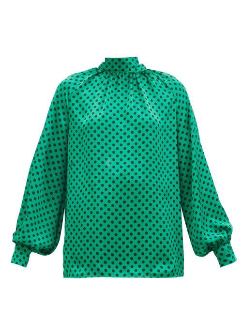 Matchesfashion.com Msgm - High-neck Polka-dot Crepe Blouse - Womens - Green