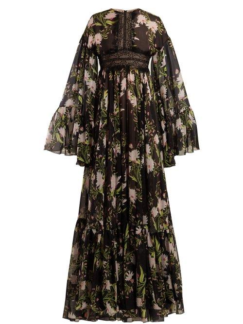 Matchesfashion.com Giambattista Valli - Lace Insert Floral Print Silk Gown - Womens - Black Multi