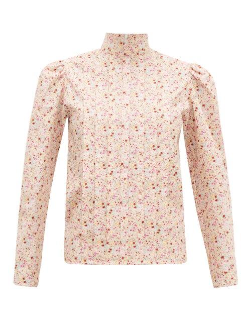 Matchesfashion.com Batsheva - Pleated Floral-print Cotton Blouse - Womens - Light Pink