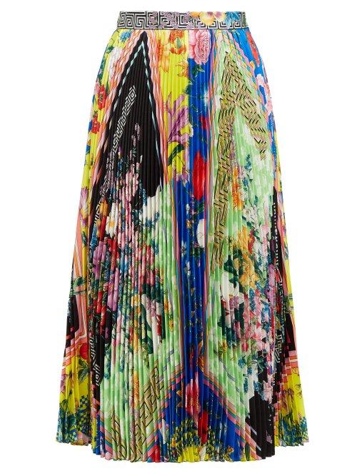 Matchesfashion.com Versace - Acid Bloom Print Pleated Silk Twill Skirt - Womens - Multi