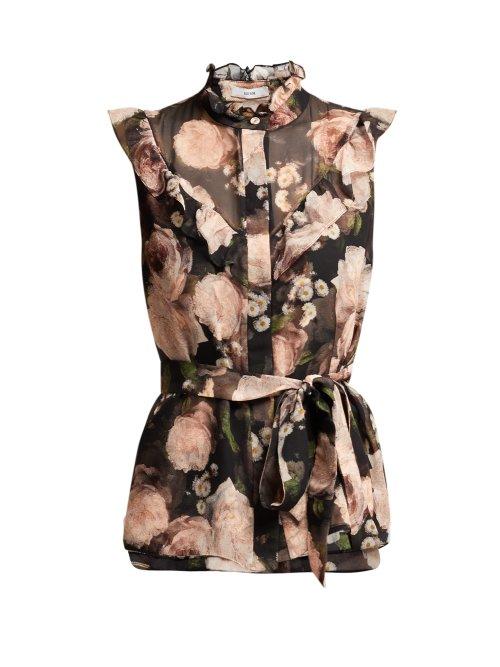Matchesfashion.com Erdem - Jeanine Dutch Petal Print Silk Top - Womens - Black Pink