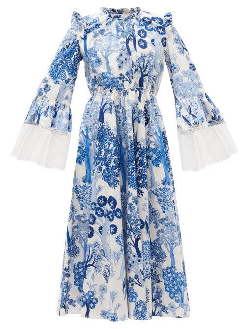 Matchesfashion.com Giambattista Valli - Botanical-print Lace-cuff Cotton-poplin Dress - Womens - Blue White