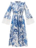 Matchesfashion.com Giambattista Valli - Botanical-print Lace-cuff Cotton-poplin Dress - Womens - Blue White