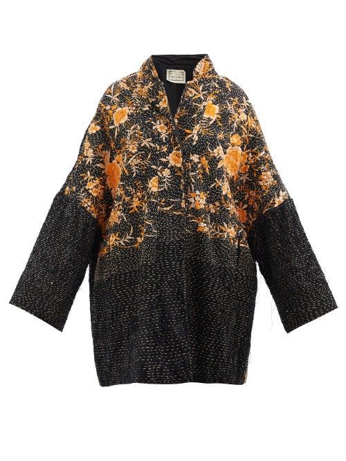 By Walid - Basma Embroidered Vintage-silk Piano Shawl Coat - Womens - Black Multi