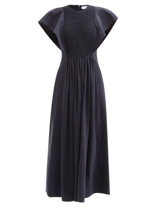 Chlo - Flutter-sleeve Linen-blend Midi Dress - Womens - Navy