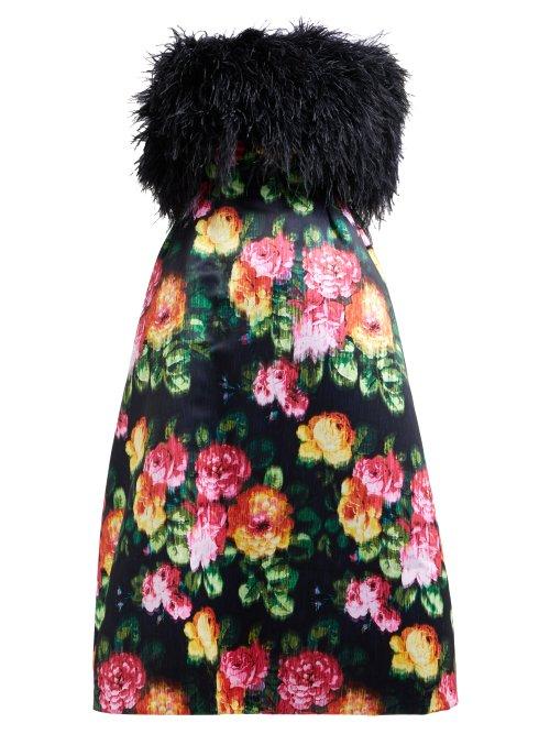 Matchesfashion.com Richard Quinn - Floral Print Strapless Satin Midi Dress - Womens - Black Multi