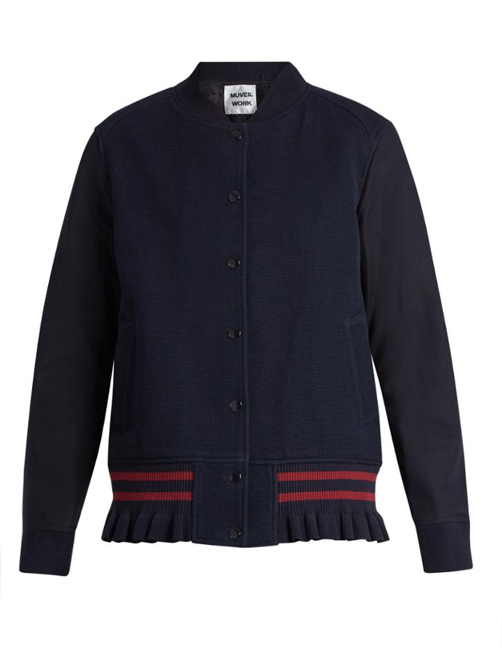 Muveil Ruffled-hem Honeycomb-knit Bomber Jacket
