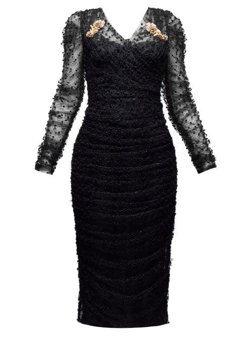 Matchesfashion.com Dolce & Gabbana - Brooch Embellished Ruched Lace Dress - Womens - Black