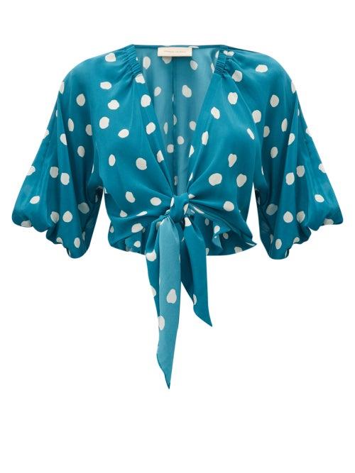 Matchesfashion.com Adriana Degreas - Polka Dot Tie Front Silk Top - Womens - Blue Print