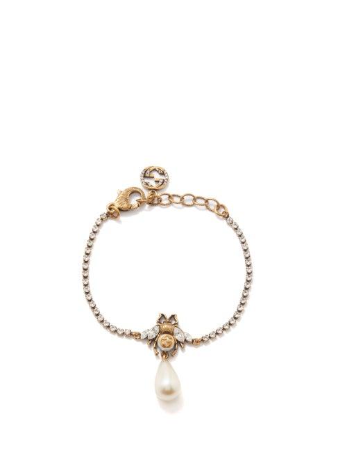 Gucci - Gg Bee, Faux-pearl & Crystal Bracelet - Womens - Crystal