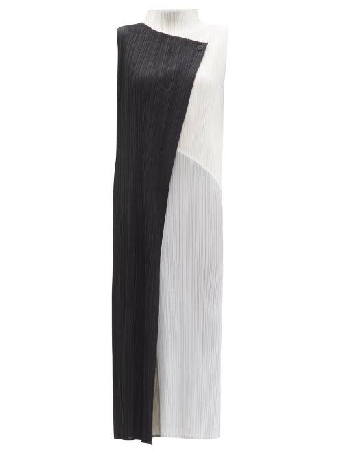 Matchesfashion.com Pleats Please Issey Miyake - Panelled High-neck Technical-pleated Midi Dress - Womens - Black White