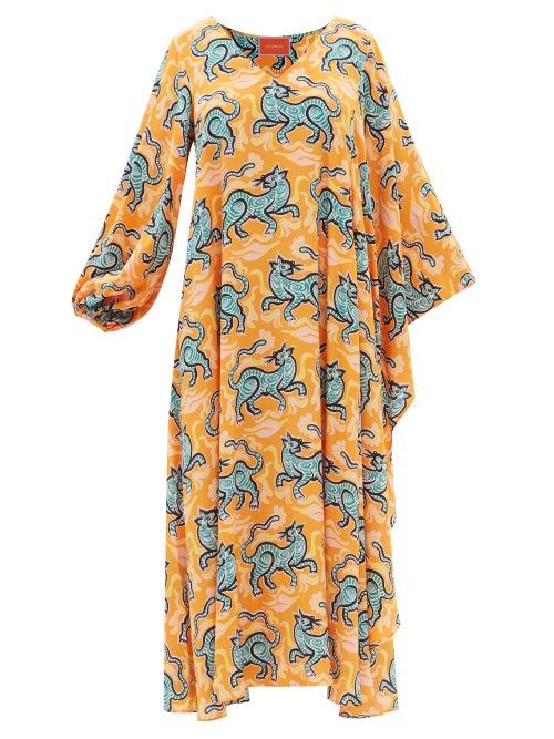 La Doublej - Opera Cape-sleeve Crazy Tiger-print Silk Dress - Womens - Orange Print