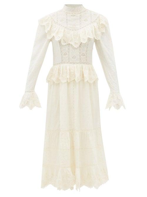 Ulla Johnson - Fleur Ruffle-trimmed Swiss-dot Midi Dress - Womens - Ivory