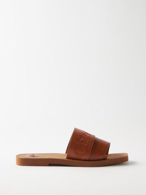 Chlo - Woody Logo-embroidered Leather Slides - Womens - Tan