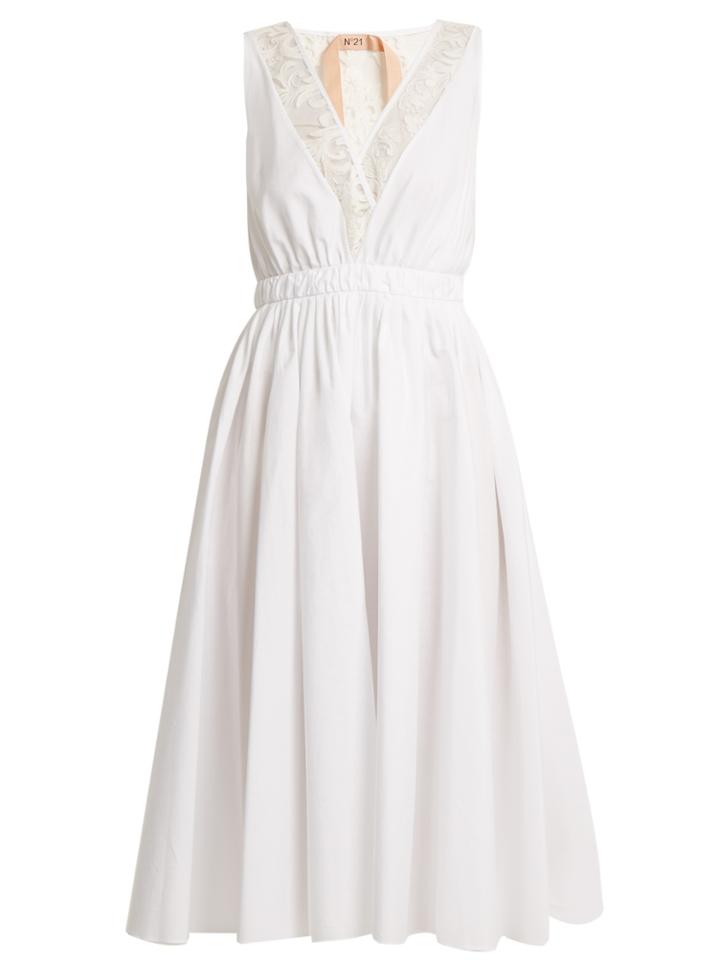 No. 21 V-neck Lace-trimmed Cotton-poplin Midi Dress