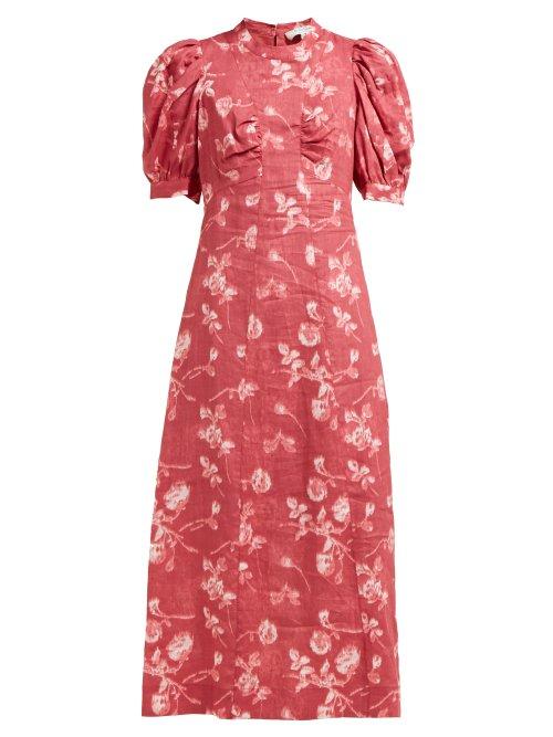 Matchesfashion.com Sea - Monet Floral Print A Line Ramie Midi Dress - Womens - Dark Pink