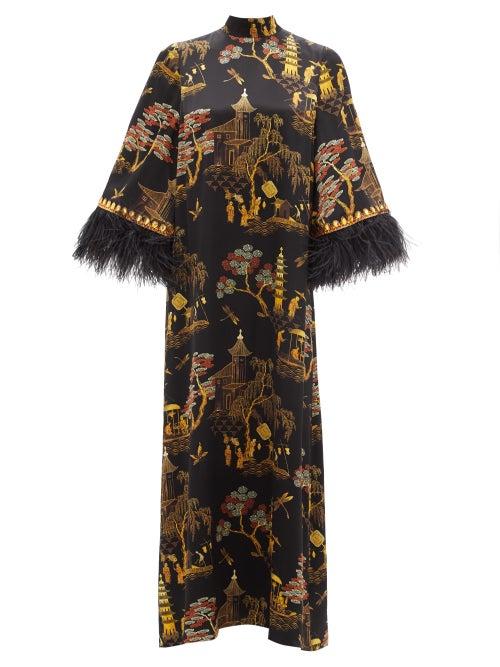 Ladies Rtw Andrew Gn - Coromandel-print Embellished Silk-blend Maxi Dress - Womens - Black Gold