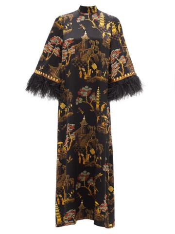 Ladies Rtw Andrew Gn - Coromandel-print Embellished Silk-blend Maxi Dress - Womens - Black Gold