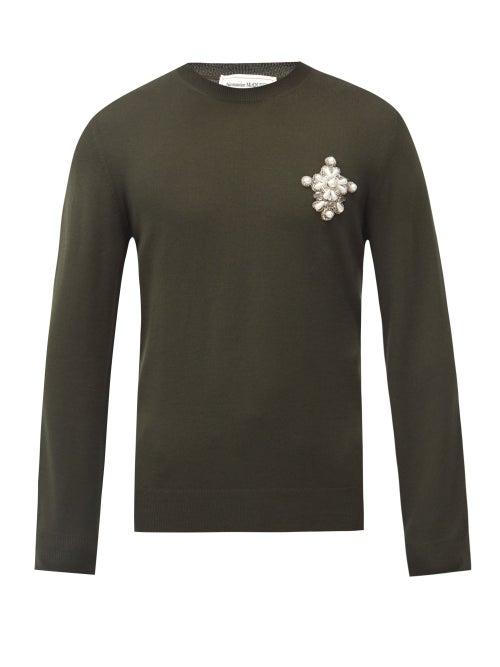 Matchesfashion.com Alexander Mcqueen - Jewel-embellished Wool Sweater - Mens - Khaki