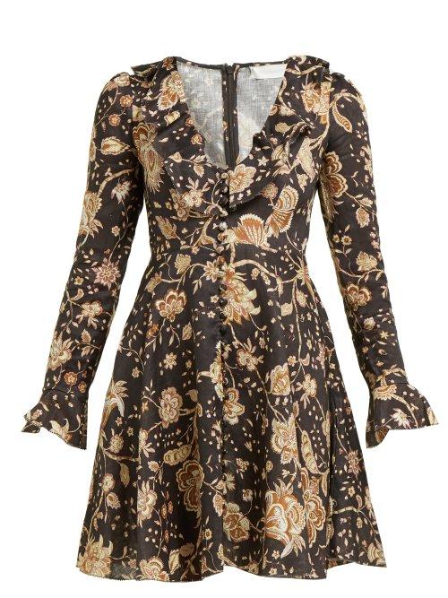 Matchesfashion.com Zimmermann - Veneto Floral Print Linen Sundress - Womens - Brown