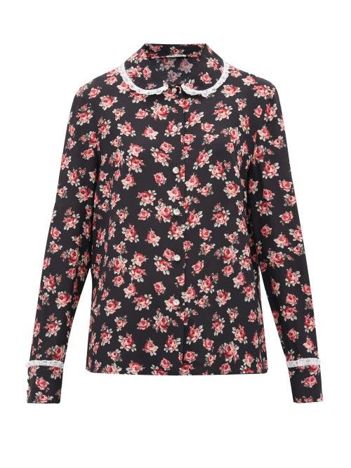 Matchesfashion.com Miu Miu - Lace Trimmed Rose Print Silk Blouse - Womens - Black Multi