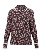 Matchesfashion.com Miu Miu - Lace Trimmed Rose Print Silk Blouse - Womens - Black Multi