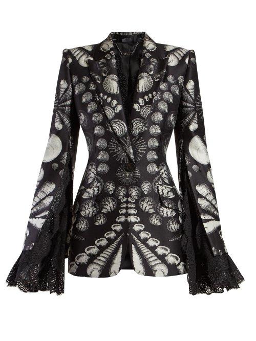 Matchesfashion.com Alexander Mcqueen - Shell Print Lace Trimmed Blazer - Womens - Black White