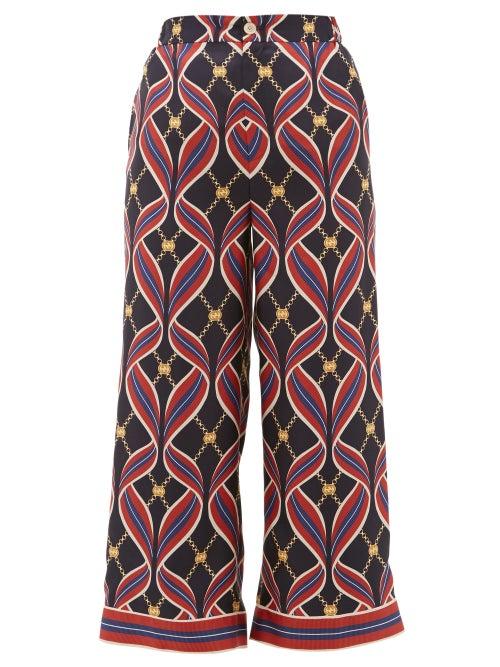 Matchesfashion.com Gucci - Gg Ribbon Print Silk Wide Leg Trousers - Womens - Navy Multi