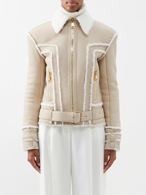 Balmain - Padded-shoulder Shearling Jacket - Womens - Beige