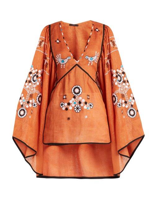 Matchesfashion.com Vita Kin - Country Bird And Floral Embroidered Linen Top - Womens - Orange