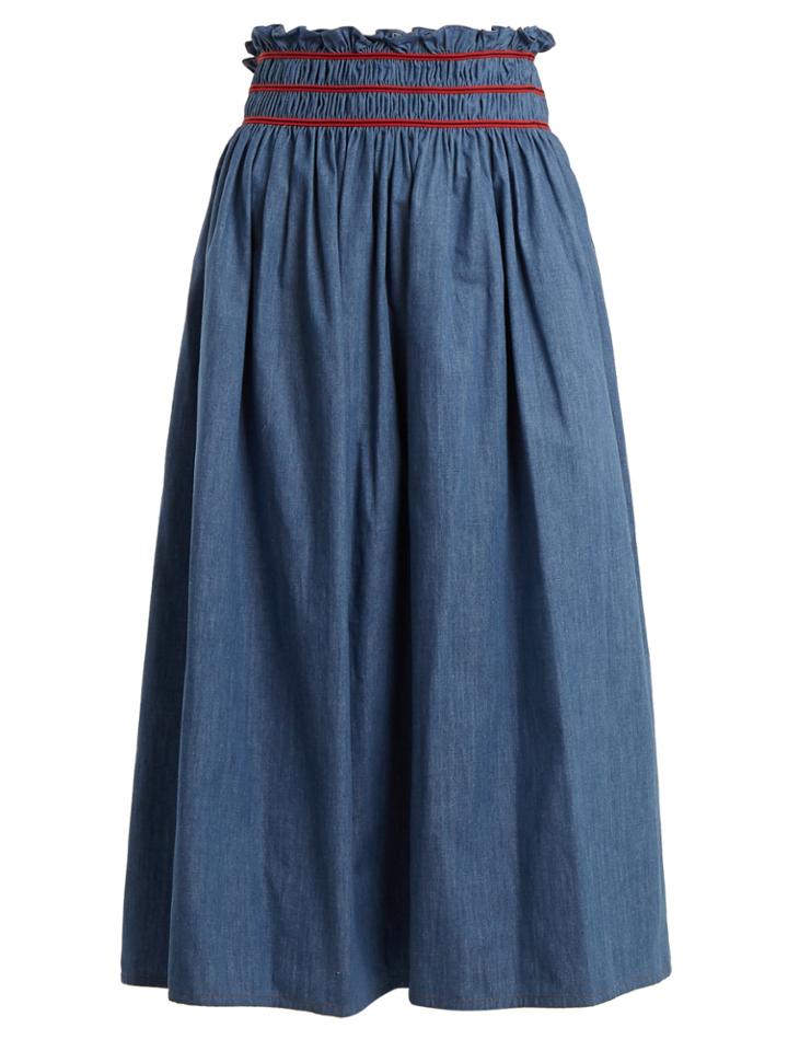 Miu Miu Smocked-waist Cotton-chambray Skirt