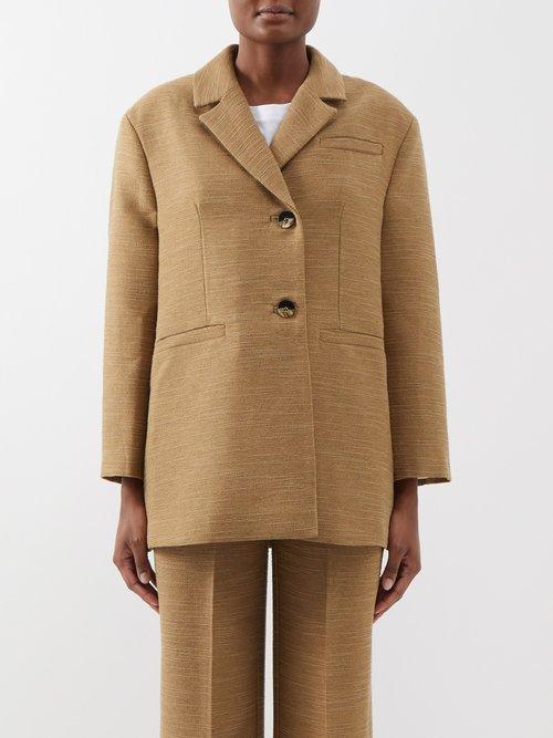 Ganni - Oversized Recycled-fibre Single-breasted Blazer - Womens - Light Brown