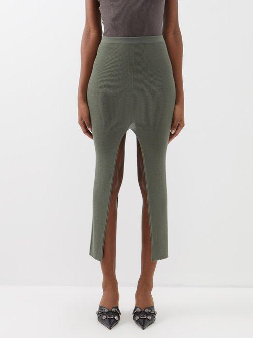 Rick Owens - Raw-edged Ribbed Wool-blend Jersey Midi Skirt - Womens - Military Green