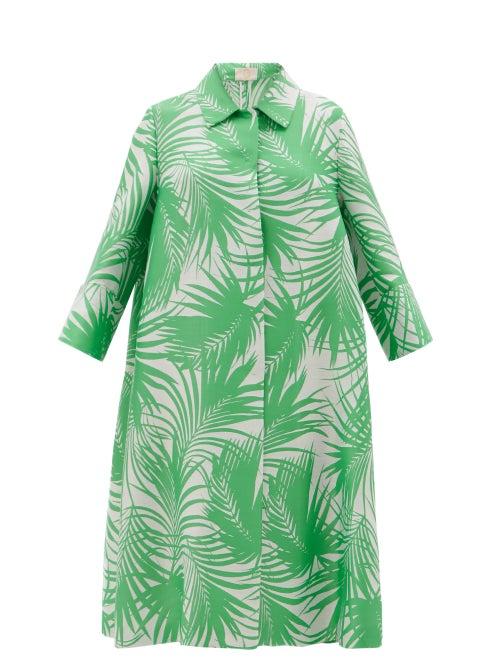 Matchesfashion.com Sara Battaglia - Palm Leaf-jacquard Cocoon Coat - Womens - Green White