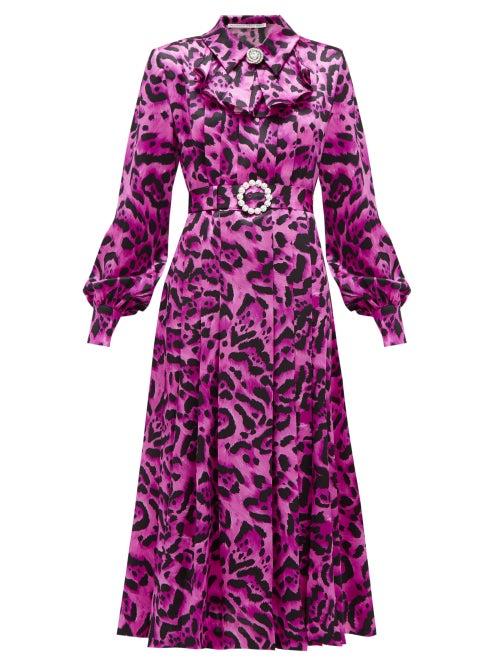 Matchesfashion.com Alessandra Rich - Crystal-buckle Leopard-print Silk Midi Dress - Womens - Pink Print