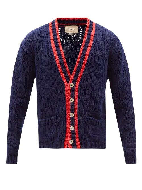 Gucci - Gg-eyelet Cotton Cardigan - Mens - Blue Multi