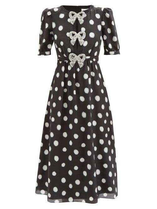 Saloni - Jamie Crystal-bow Polka-dot Silk-crepe Midi Dress - Womens - Black White