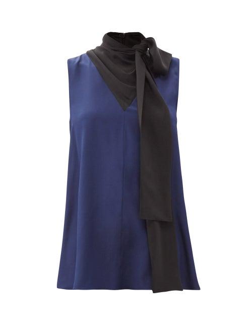 Matchesfashion.com Roksanda - Flava Pussy-bow Sleeveless Silk Blouse - Womens - Navy Multi